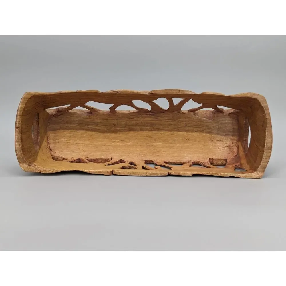 Safari African Hand Carved Wood Fruit Food Decorative Basket 14” Vintage